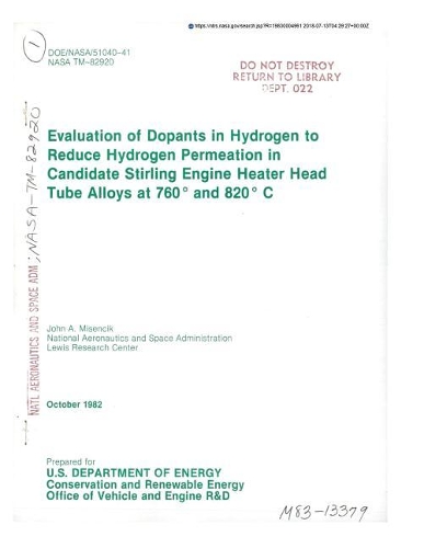 Evaluation of Dopants in Hydrogen to Reduce Hydrogen Permeation in Candidate Stirling Engine Heater Head Tube Alloys at 760 Deg and 820 Deg