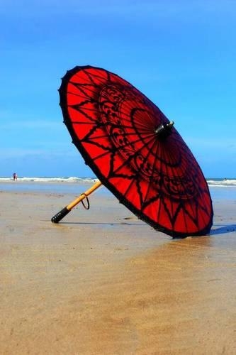 A Red and Black Umbrella on the Shore