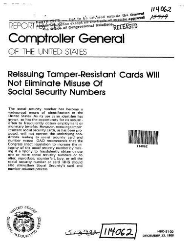 Reissuing Tamper-Resistant Cards Will Not Eliminate Misuse of Social Security Numbers