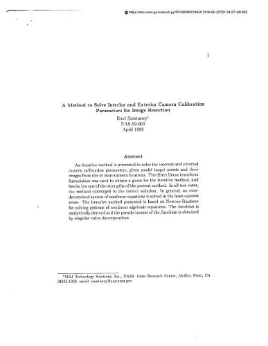 A Method to Solve Interior and Exterior Camera Calibration Parameters for Image Resection
