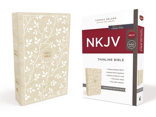 NKJV, Thinline Bible, Cloth over Board, White/Tan, Red Letter, Comfort Print
