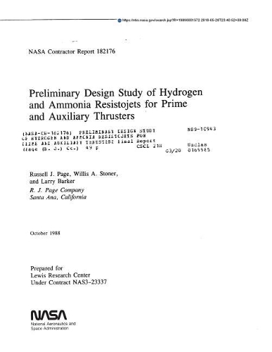 Preliminary Design Study of Hydrogen and Ammonia Resistojets for Prime and Auxiliary Thrusters