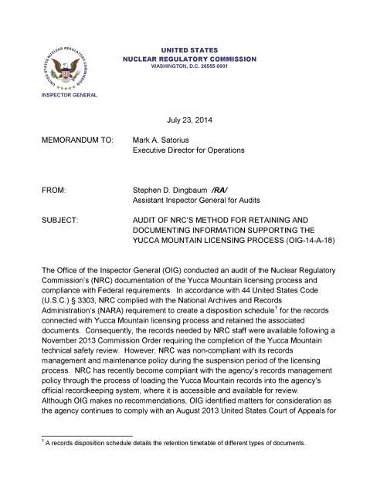 Audit of Nrc's Method for Retaining and Documenting Information Supporting the Yucca Mountain Licensing Process (Oig-14-A-18)