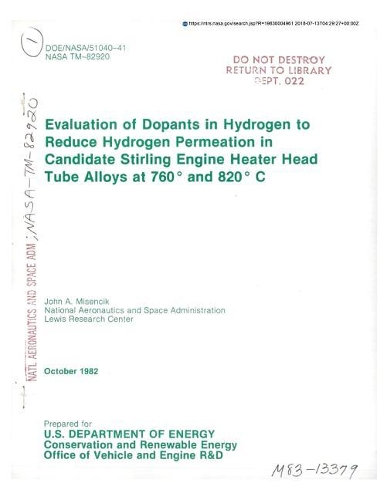 Evaluation of Dopants in Hydrogen to Reduce Hydrogen Permeation in Candidate Stirling Engine Heater Head Tube Alloys at 760 Deg and 820 Deg