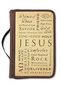 Names of Jesus Bible Cover, Zippered, with Handle, Canvas, Brown, Large
