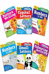 Set of 6 Ready to Write Practice Workbooks for Kids (Capital Letters, Small Letters, Numbers 1-20, Numbers 1-100, Pattern Writing and Colouring Activity)