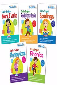 Set of 5 Early English Workbooks Including Noun & Verbs, Phonics, Reading Comprehension, Rhyming Words and Spellings for 3+ Year Old Children