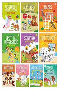 Brain Booster Activity Book Set (Set of 10 books) (Colourful Pages) - 3 Years to 5 Years Old - Learn and Practice ABC Capital and Small Letters, Mazes, Spot the Difference, Pencil Control, Dot to Dot, Mathematics - Fun Early Learning