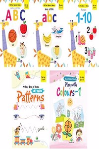 Complete Set of 5 books for Pre-School kids (Recognition & Writing ABC, abc, 1-10, Patterns and colouring)