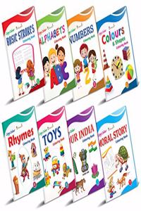 Colouring Books Collections for Early Learning by InIkao(english) : Pack of 8 Copy Coloring Books on alphabets, numbers, colors, shapes, toys and rhymes