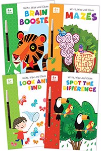 Set of 4 Brain Booster Wipe & Clean Activity Books including Look & Find, Mazes, Spot the Difference and Brain Booster Activities with Free Pens