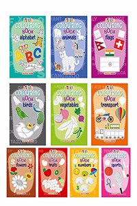 Little Colouring Books for Kids (Set of 10 Books) - Gift to children for painting, drawing and colouring - Vegetables, Transport, Flowers, Fruits, ... Numbers, Sports, Flags - 3 to 6 years old