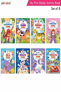 Jolly Kids My First Sticker Activity Books (Set of 8)| Theme Based | Activity cum Sticker Book | Jungle Sticker | Princess Sticker | Dinosaurs Sticker | Space Sticker | Farm Sticker | Unicorn Sticker | Sea Sticker | Vehicle Sticker | Fun with Pictu