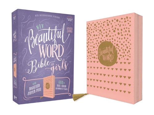 Niv, Beautiful Word Bible for Girls, Updated Edition, Leathersoft, Zippered, Pink, Red Letter, Comfort Print: 600+ Full-Color Illustrated Verses(Beautiful Word)