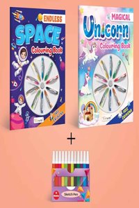 Magical Unicorn Colouring Book , Endless Space Colouring Book & 12 WATER COLOUR SKETCH PEN | Combo of 2 | Artistic Harmony Set