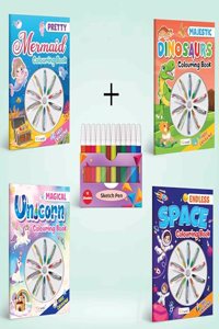 Magical Unicorn Colouring Book , Endless Space Colouring Book , Pretty Mermaid Colouring Book , Majestic Dinosaur Colouring Book With Crayons and 12 WATER COLOUR SKETCH PEN | Combo of 4